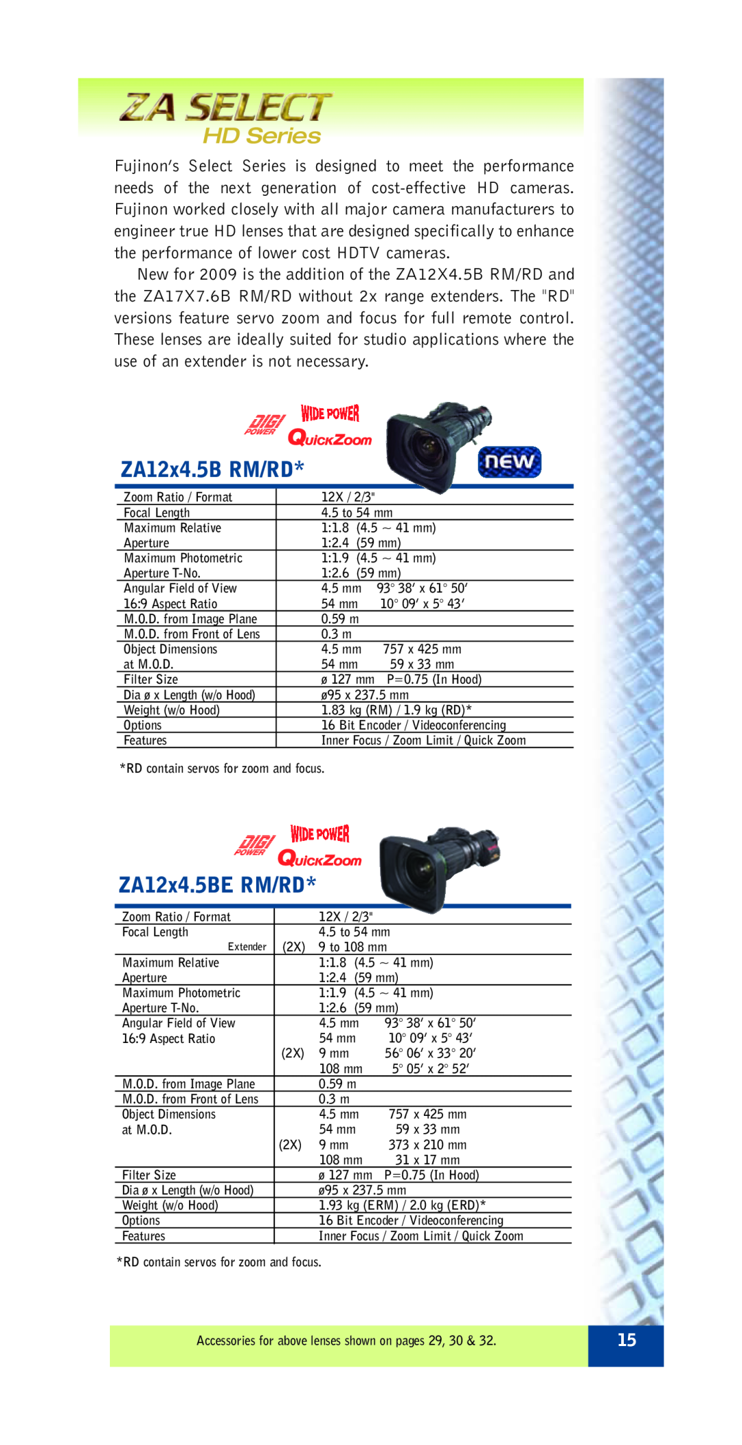 FujiFilm ZA12X4.5B RM/RD specifications HD Series, ZA12x4.5B RM/RD, ZA12x4.5BE RM/RD 