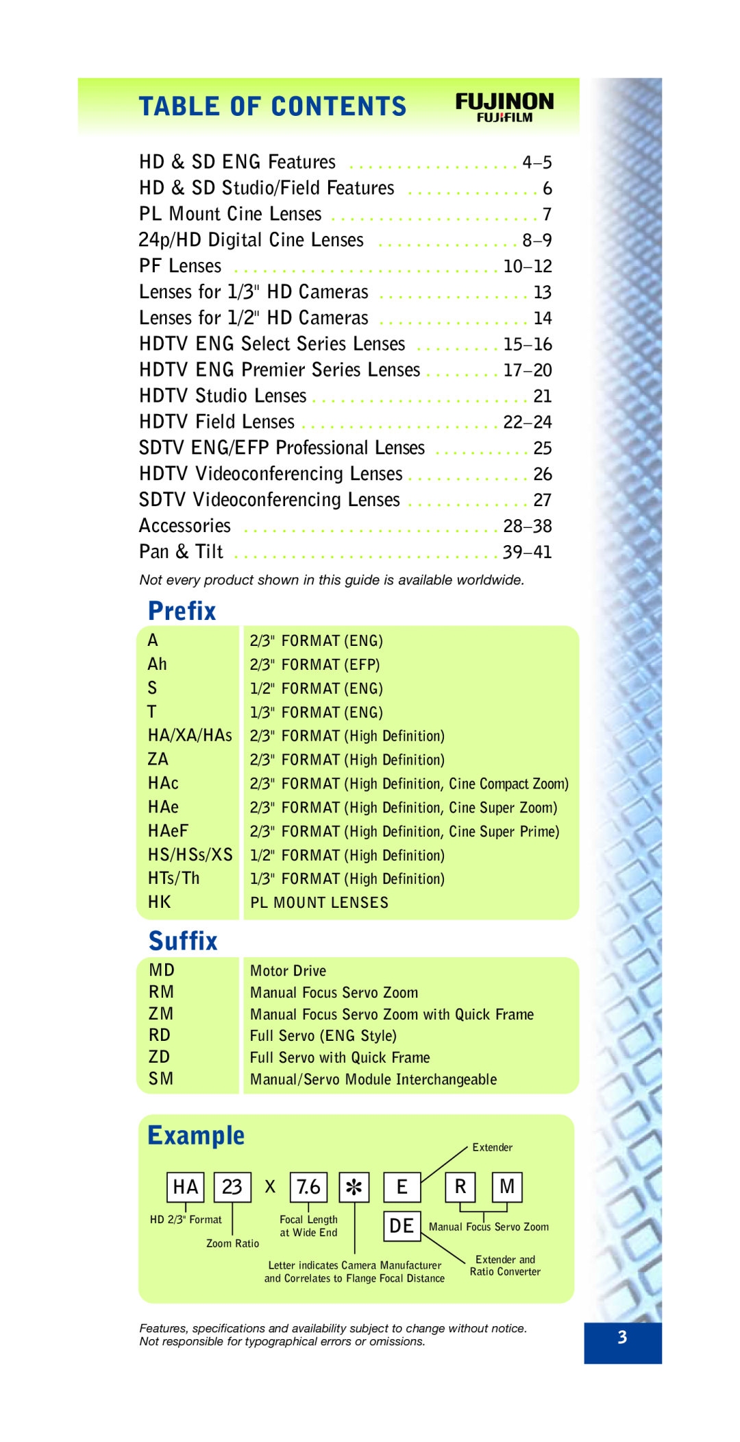 FujiFilm ZA12X4.5B RM/RD specifications Table Of Contents, Prefix, Suffix, Example 