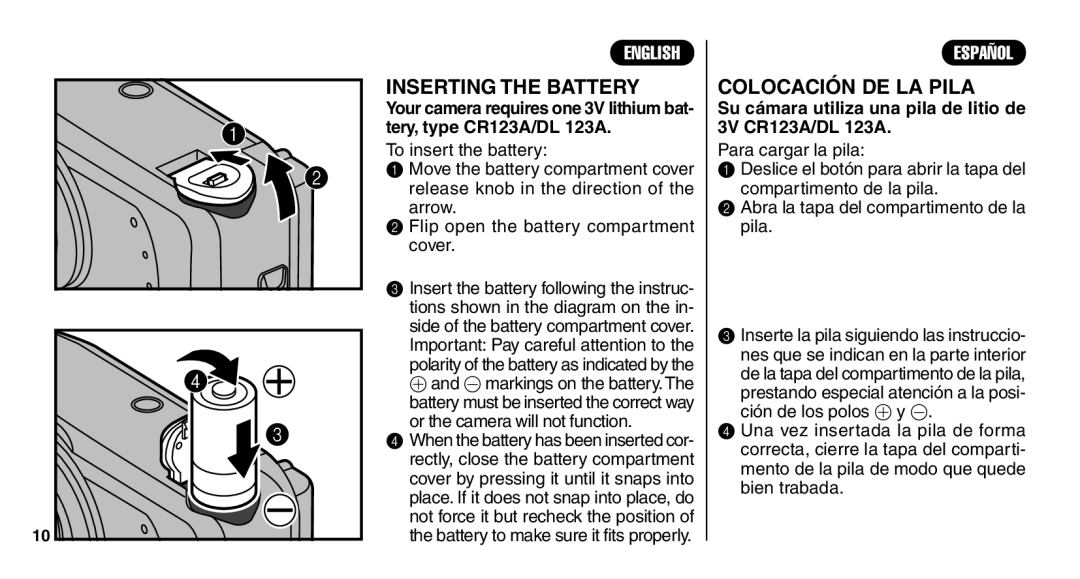 FujiFilm Zoom Date 110ez owner manual Inserting the Battery, Colocación DE LA Pila, To insert the battery 