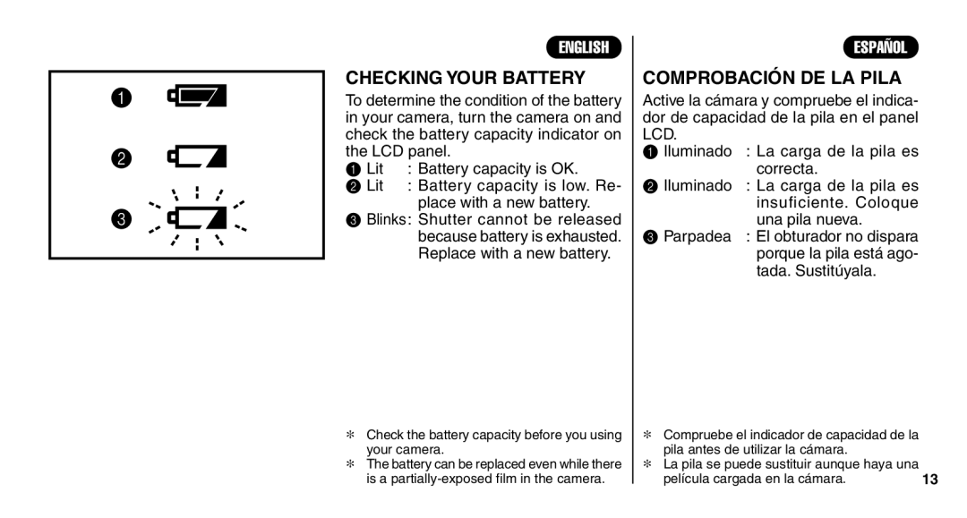 FujiFilm Zoom Date 110ez Checking Your Battery, Comprobación DE LA Pila, Lit Battery capacity is OK, Tada. Sustitúyala 
