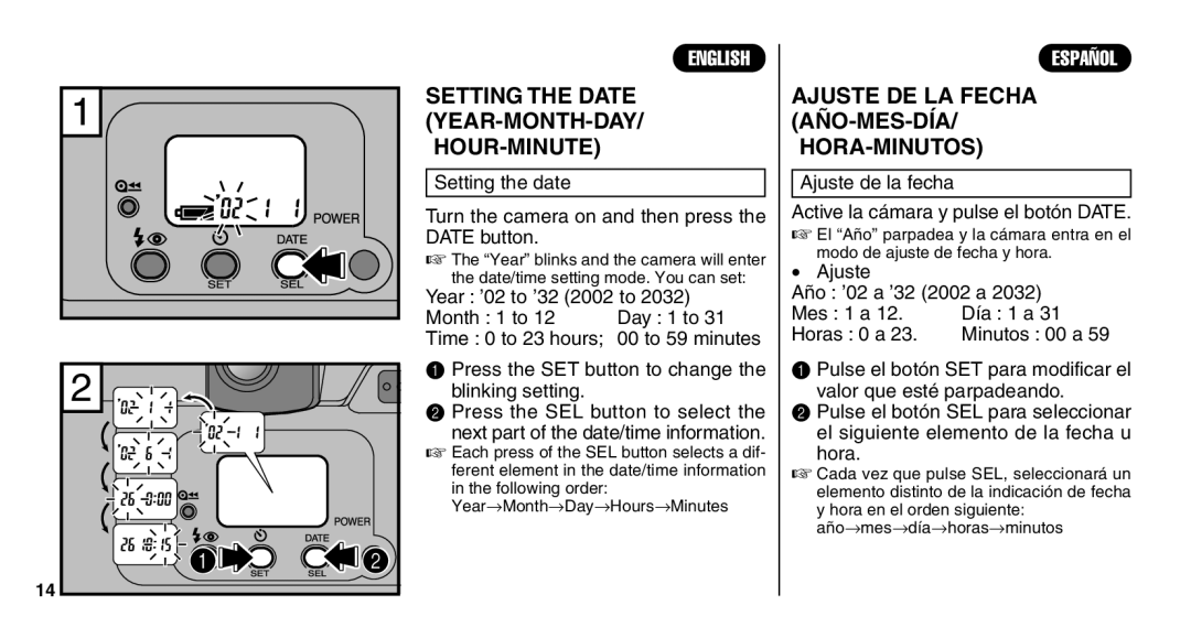 FujiFilm Zoom Date 110ez Setting the Date YEAR-MONTH-DAY HOUR-MINUTE, Ajuste DE LA Fecha AÑO-MES-DÍA HORA-MINUTOS, Hora 