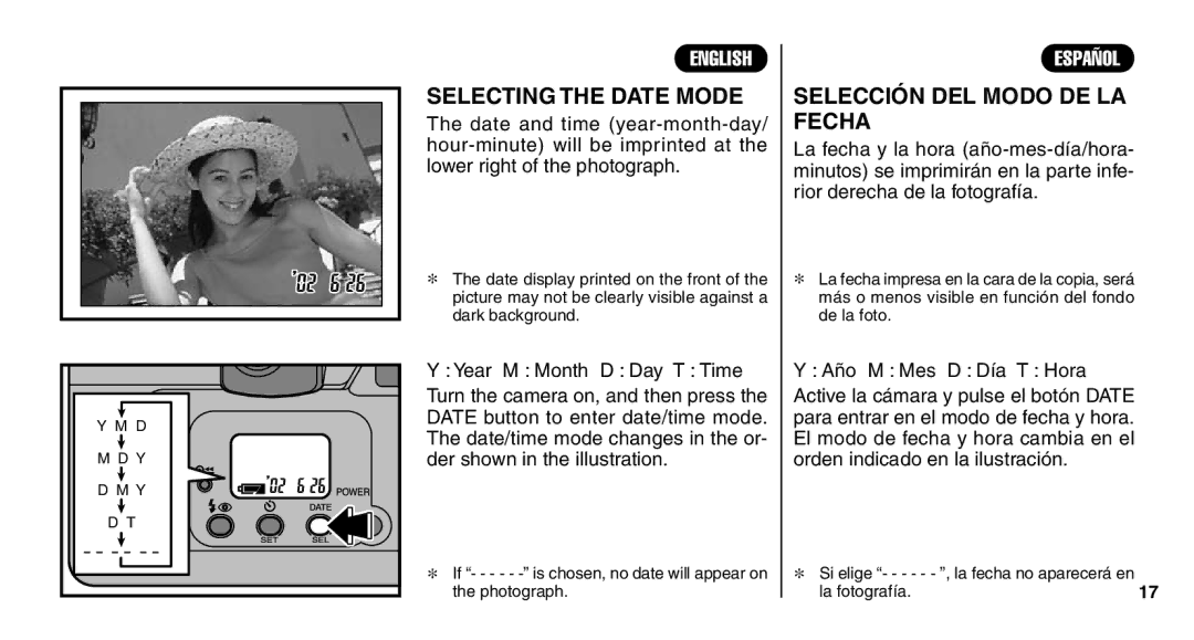 FujiFilm Zoom Date 110ez owner manual Selecting the Date Mode, Selección DEL Modo DE LA Fecha, Year M Month D Day T Time 