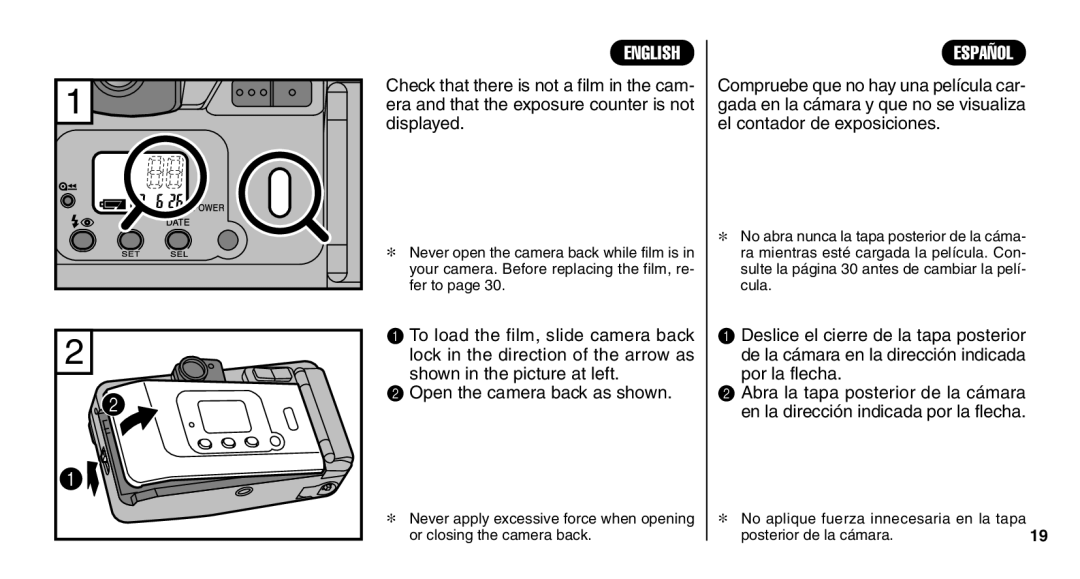 FujiFilm Zoom Date 110ez owner manual Shown in the picture at left Open the camera back as shown, Por la flecha 