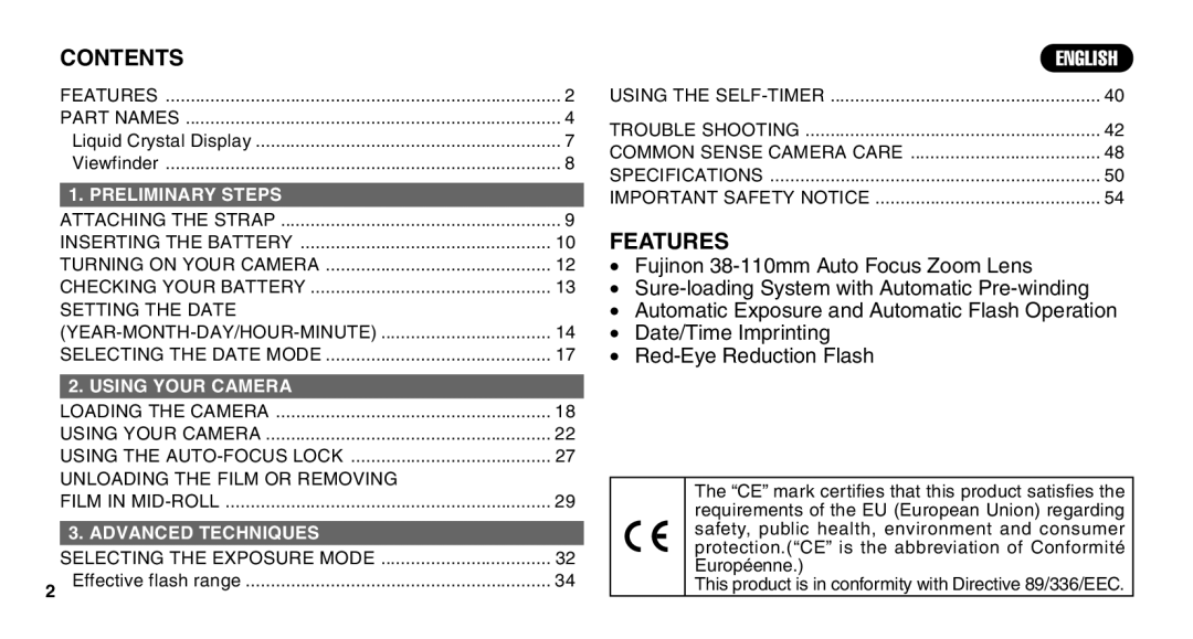 FujiFilm Zoom Date 110ez owner manual Contents, Features 