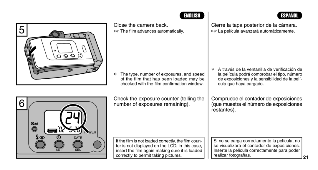 FujiFilm Zoom Date 110ez owner manual Close the camera back, Cierre la tapa posterior de la cámara 