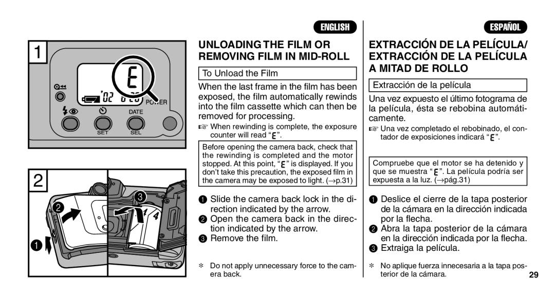 FujiFilm Zoom Date 110ez owner manual To Unload the Film, Extraiga la película 