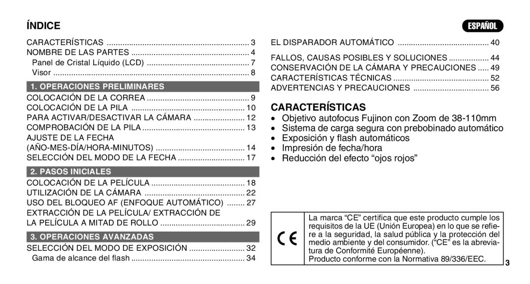 FujiFilm Zoom Date 110ez owner manual Índice, Características 