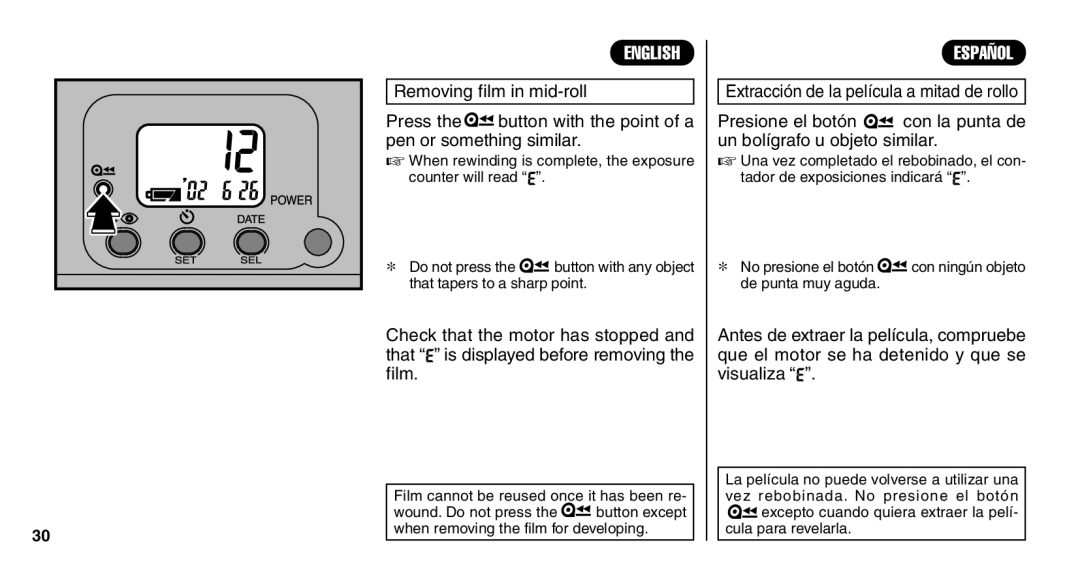 FujiFilm Zoom Date 110ez owner manual Extracción de la película a mitad de rollo 