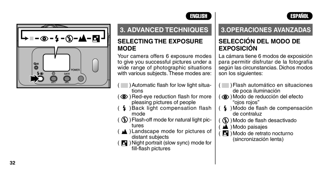 FujiFilm Zoom Date 110ez owner manual Selecting the Exposure Mode, Selección DEL Modo DE Exposición 