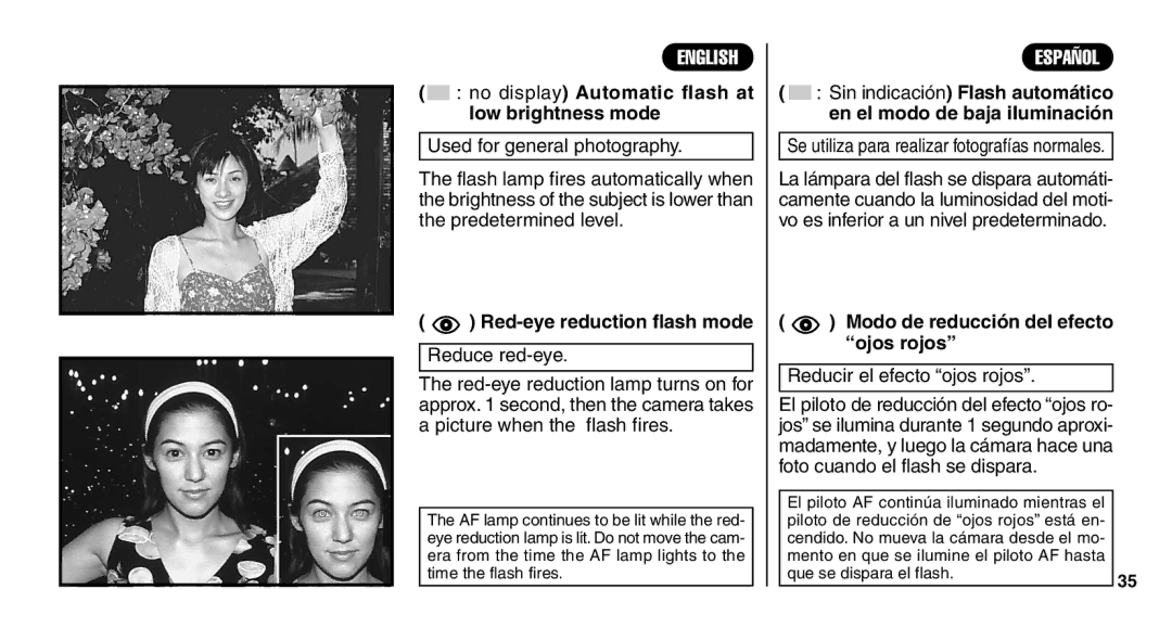 FujiFilm Zoom Date 110ez owner manual No display Automatic flash at, Low brightness mode, Ojos rojos 