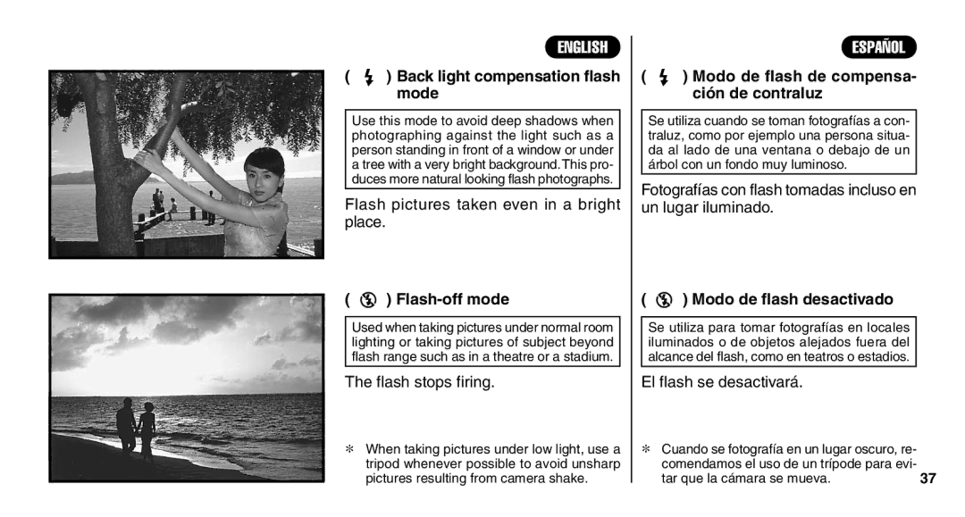 FujiFilm Zoom Date 110ez owner manual Mode Ción de contraluz, Flash-off mode Modo de flash desactivado 