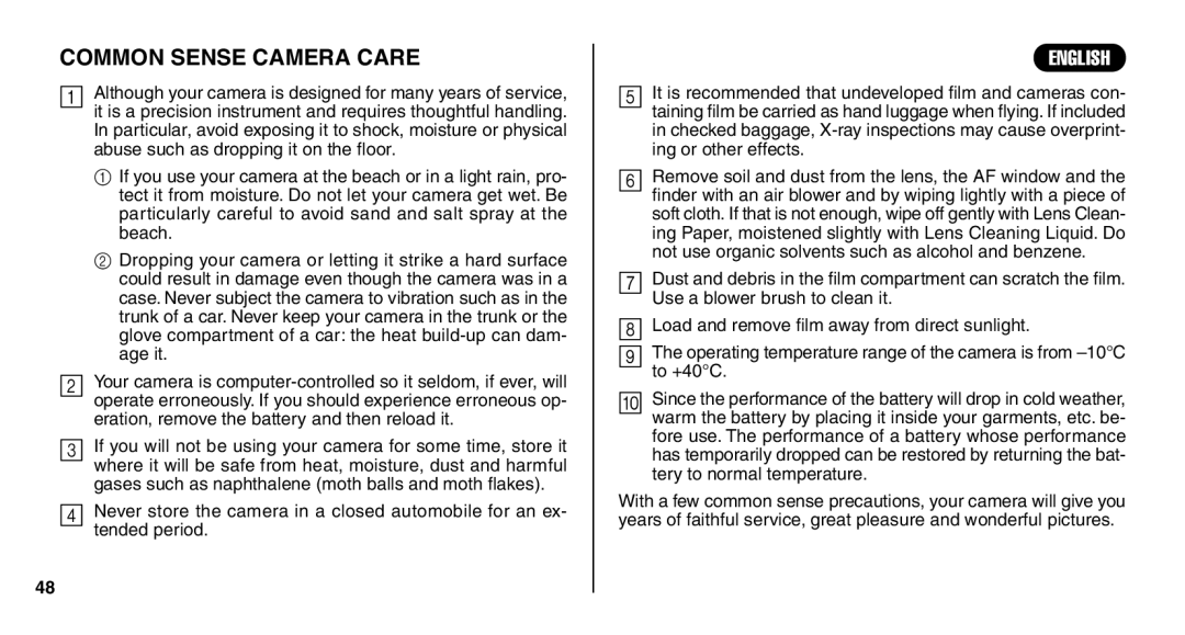 FujiFilm Zoom Date 110ez owner manual Common Sense Camera Care 