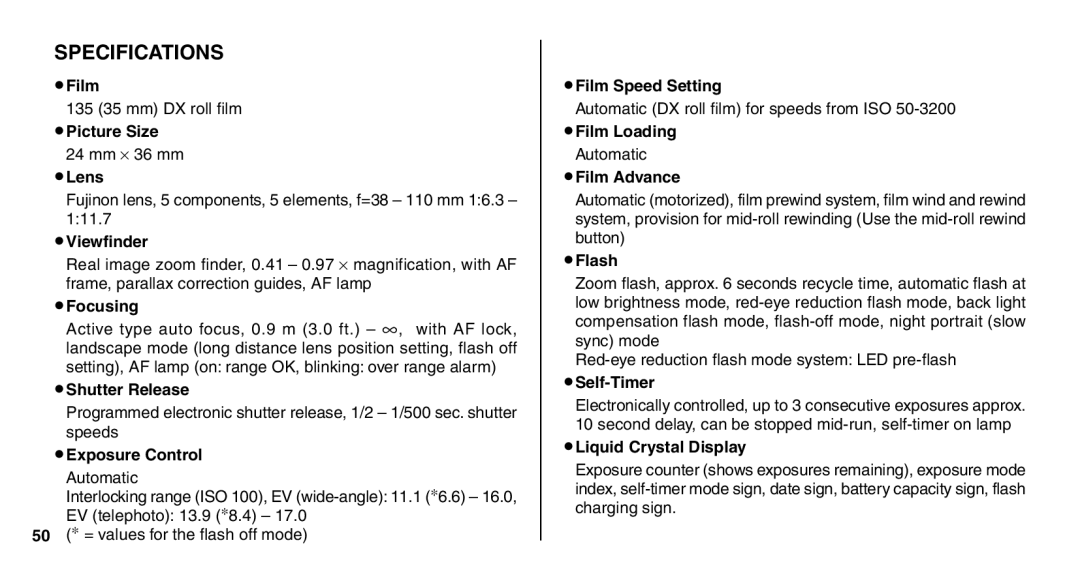 FujiFilm Zoom Date 110ez owner manual Specifications, Viewfinder 