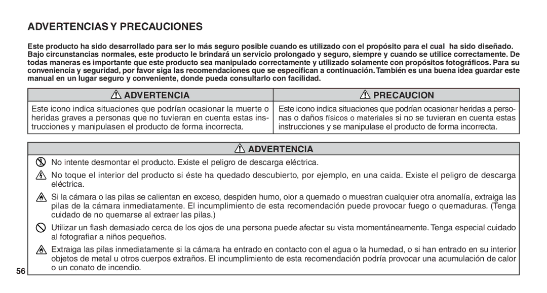 FujiFilm Zoom Date 110ez owner manual Advertencias Y Precauciones, Advertencia Precaucion 