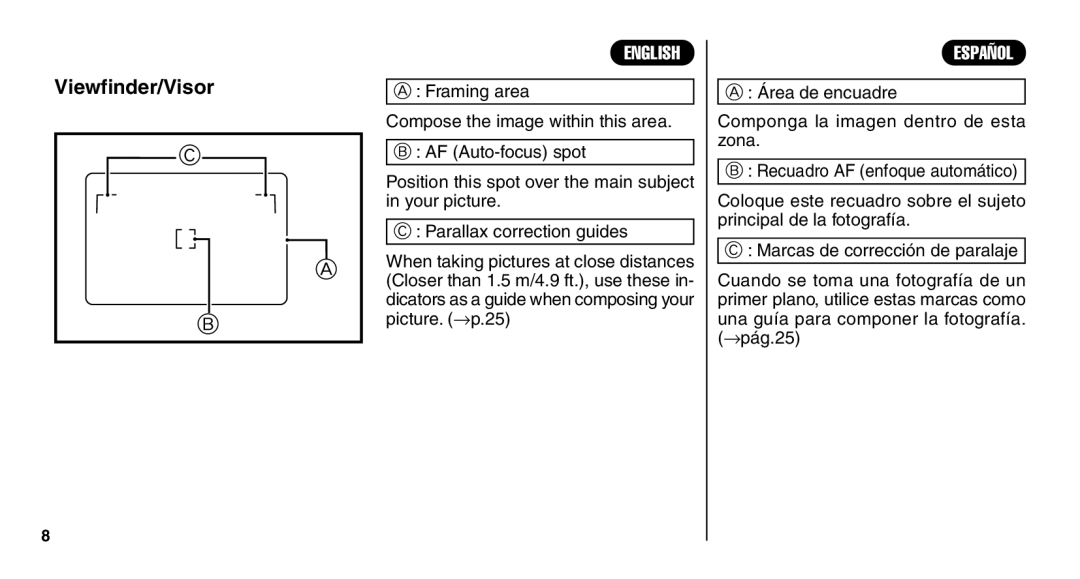 FujiFilm Zoom Date 110ez owner manual Viewfinder/Visor, Área de encuadre Componga la imagen dentro de esta zona 