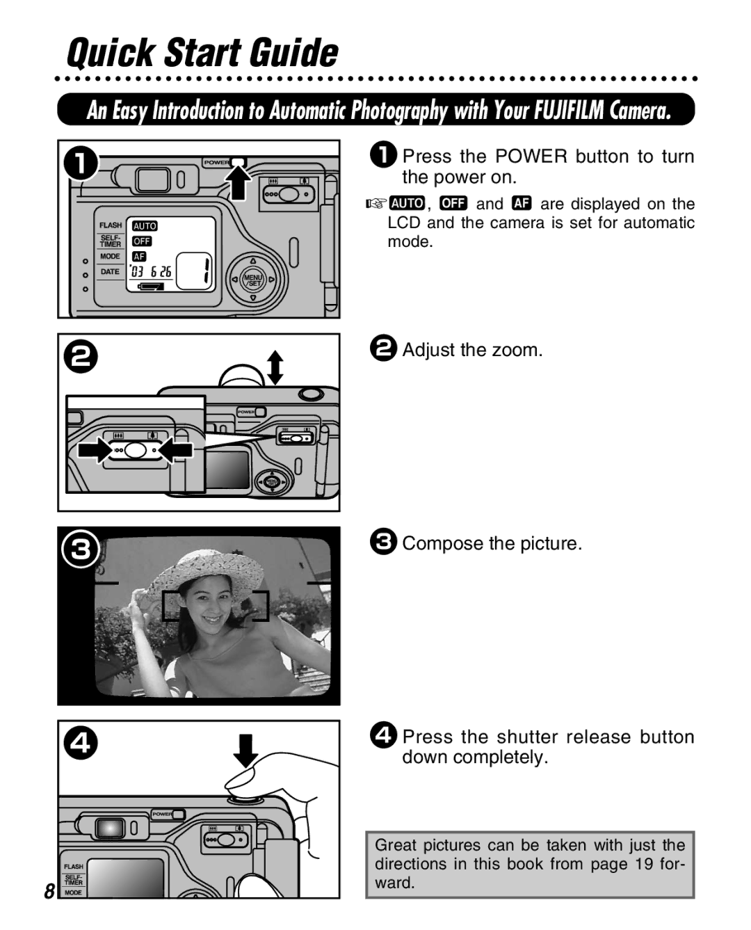 FujiFilm Zoom Date 160ez owner manual Quick Start Guide, 1Press the Power button to turn the power on 