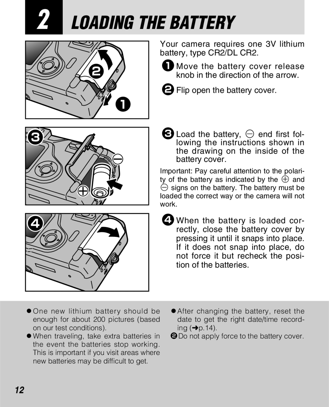 FujiFilm Zoom Date 160ez owner manual Loading the Battery 