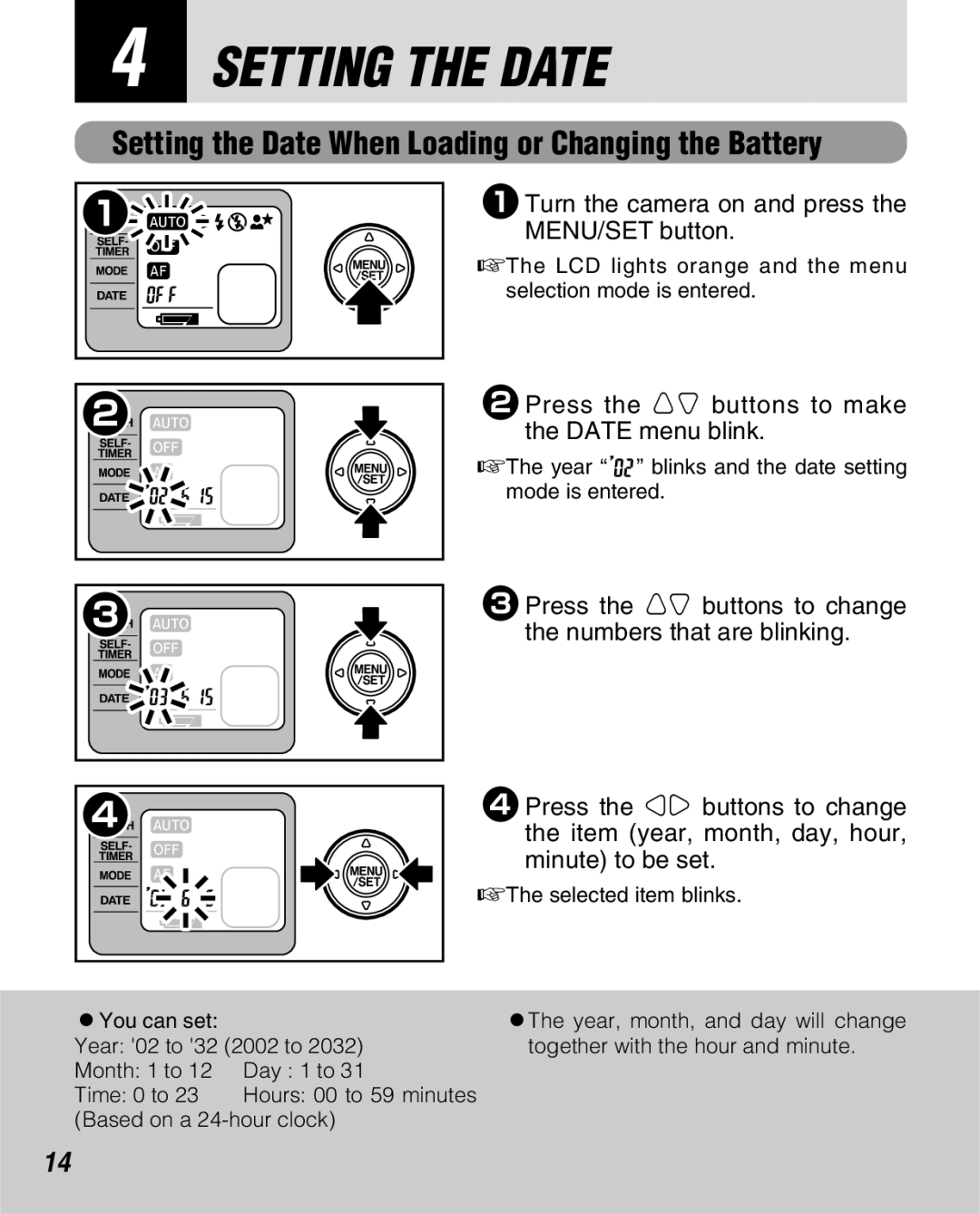 FujiFilm Zoom Date 160ez owner manual Setting the Date, 1Turn the camera on and press the MENU/SET button 