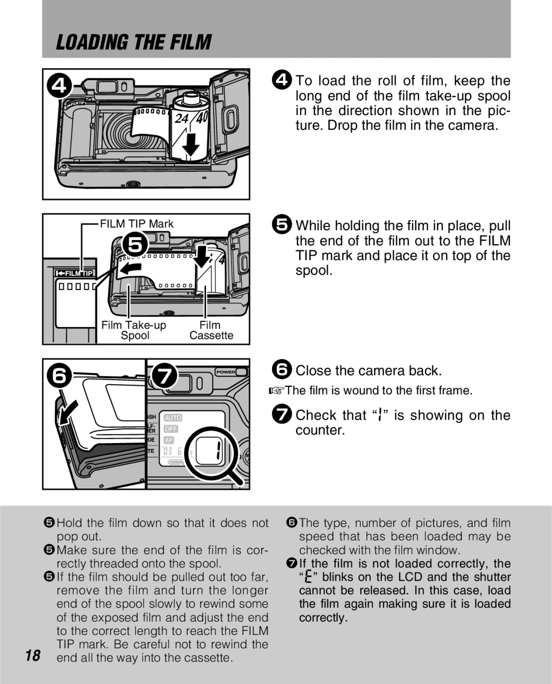 FujiFilm Zoom Date 160ez owner manual Loading the Film, 7Check that ¡ is showing on the counter 