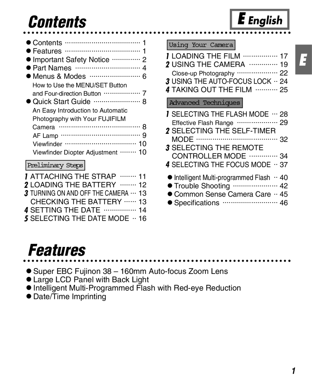 FujiFilm Zoom Date 160ez owner manual Contents, Features 