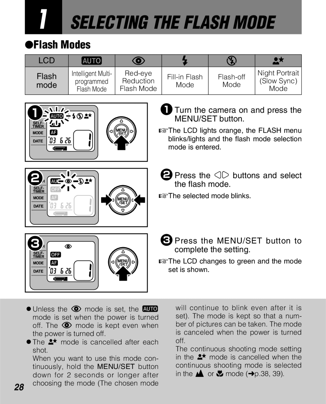 FujiFilm Zoom Date 160ez Selecting the Flash Mode, Flash Modes, 2Press the cv buttons and select the flash mode 