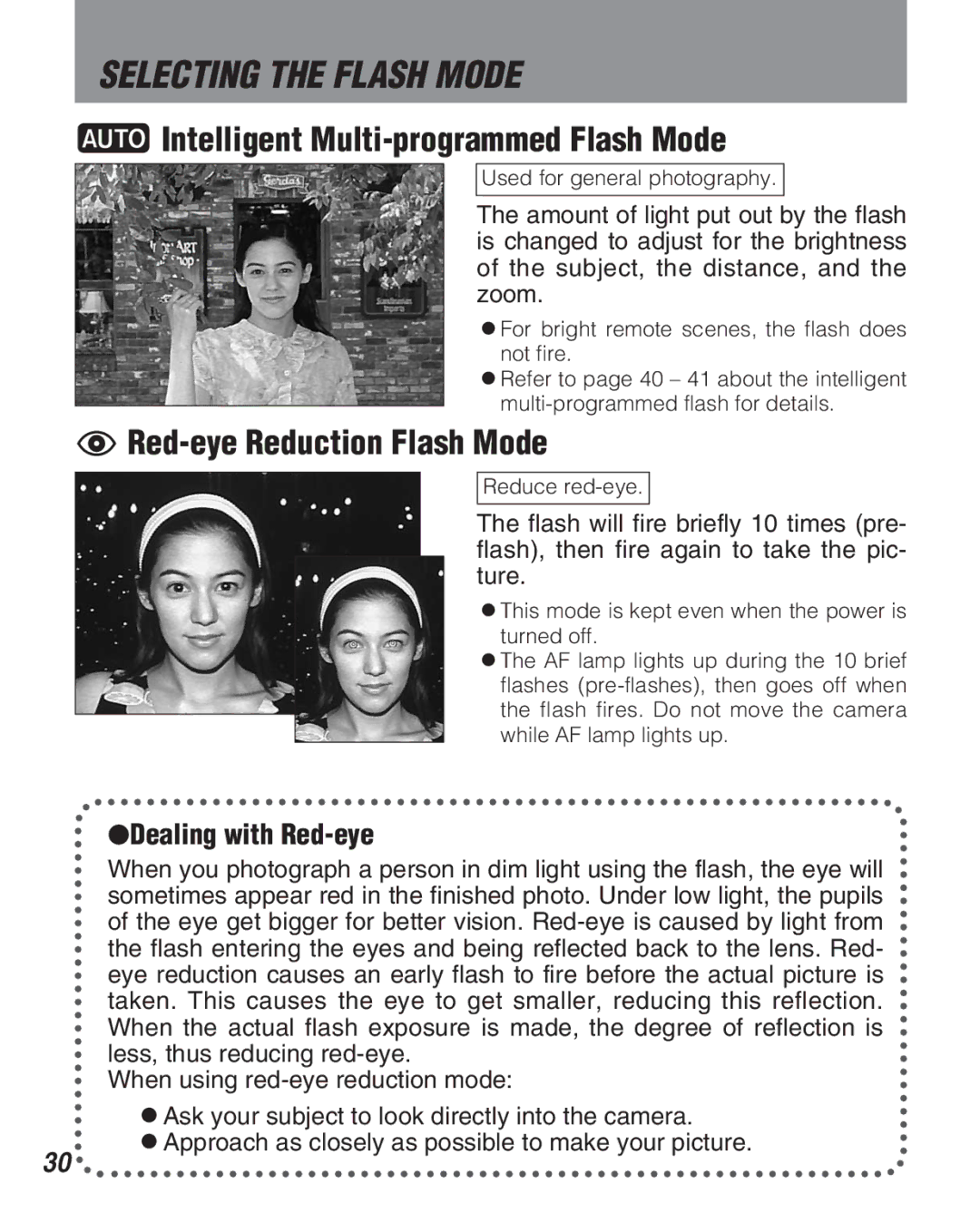 FujiFilm Zoom Date 160ez Selecting the Flash Mode, Intelligent Multi-programmed Flash Mode, Red-eye Reduction Flash Mode 