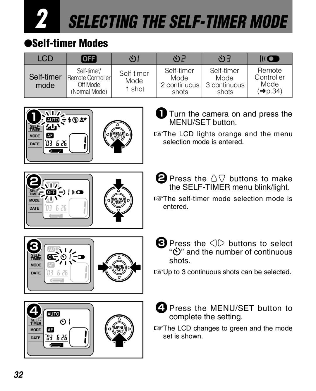 FujiFilm Zoom Date 160ez owner manual Selecting the SELF-TIMER Mode, Self-timer Modes 