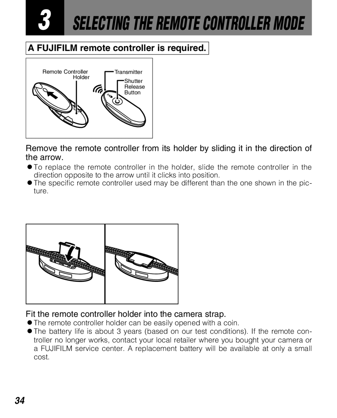 FujiFilm Zoom Date 160ez Selecting the Remote Controller Mode, Fit the remote controller holder into the camera strap 