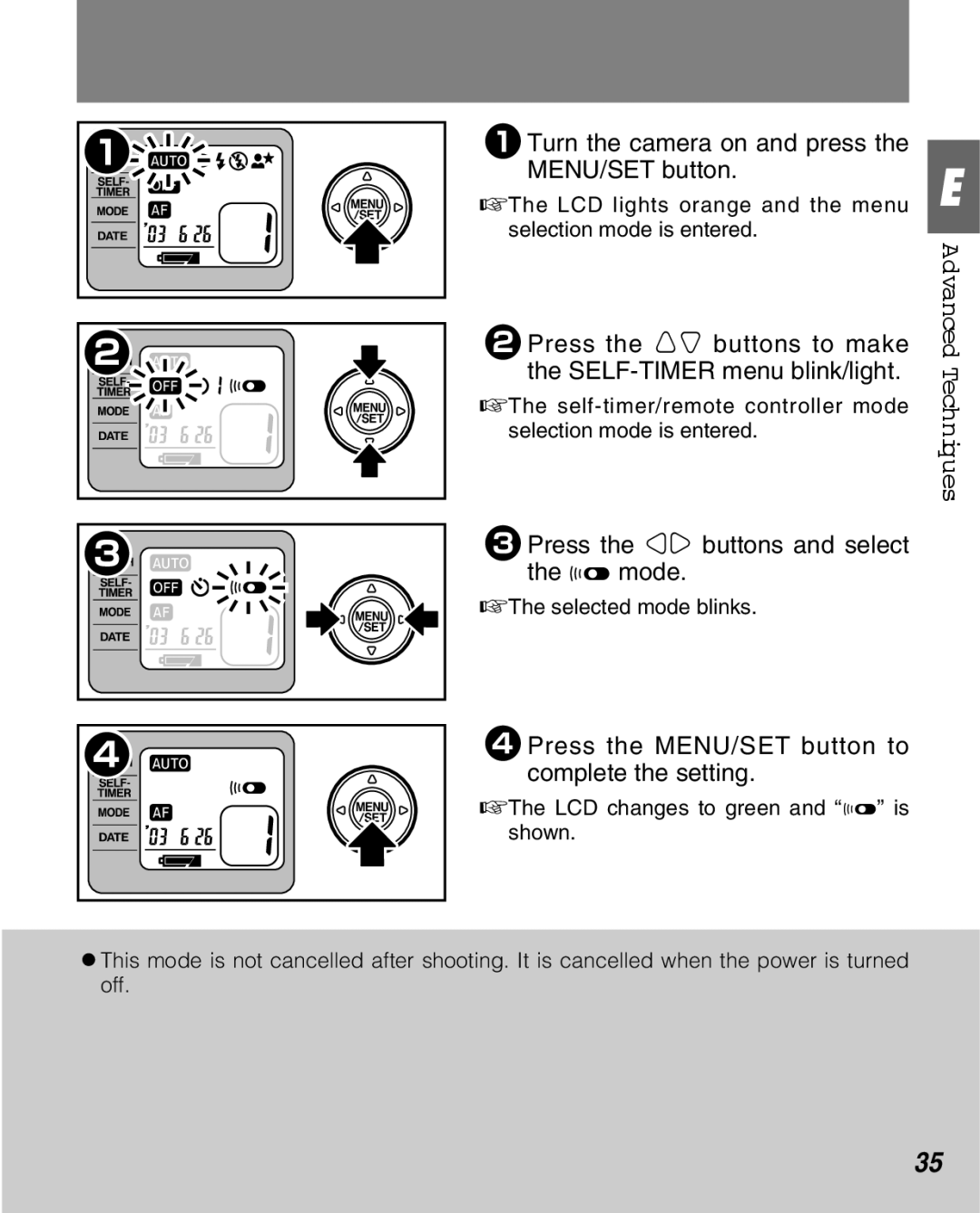 FujiFilm Zoom Date 160ez 1Turn the camera on and press the MENU/SET button, 3Press the cv buttons and select the e mode 