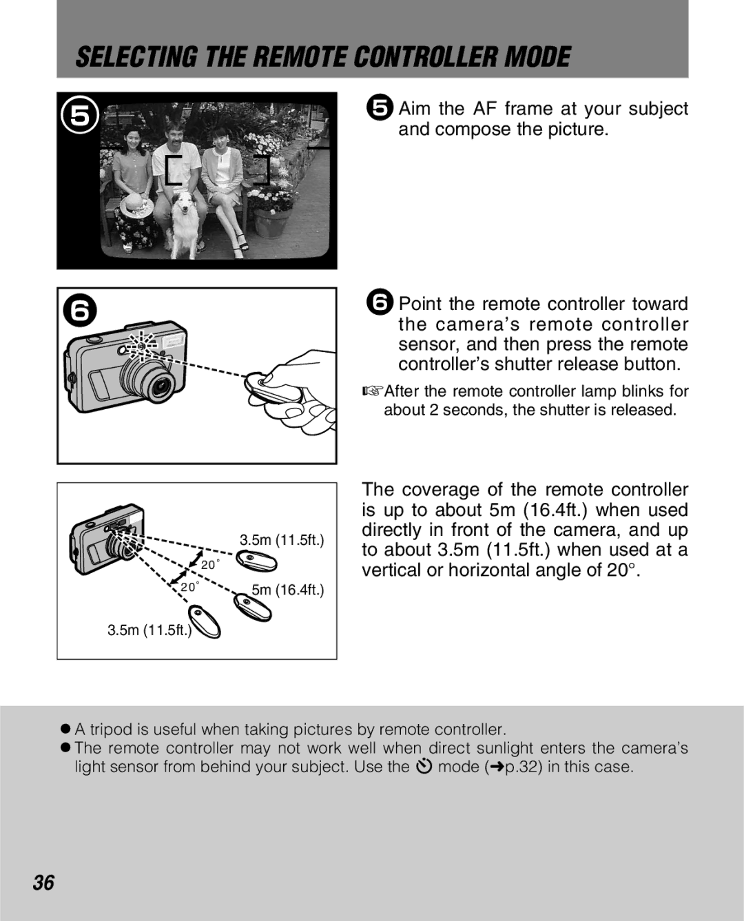 FujiFilm Zoom Date 160ez Selecting the Remote Controller Mode, 5Aim the AF frame at your subject and compose the picture 