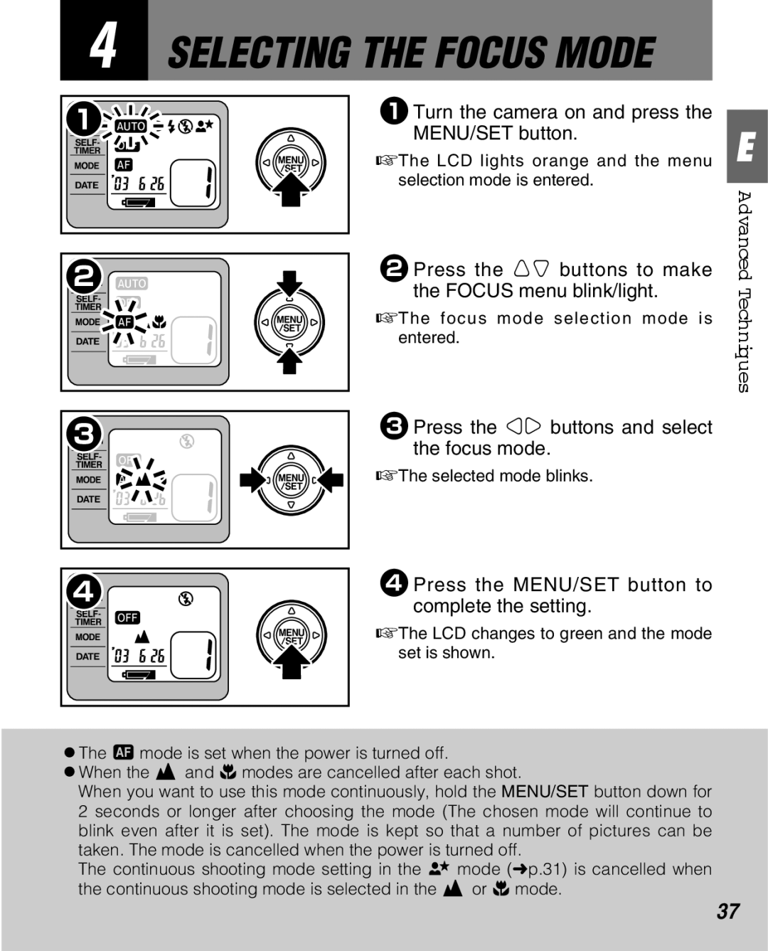 FujiFilm Zoom Date 160ez owner manual Selecting the Focus Mode, 2Press the zx buttons to make the Focus menu blink/light 