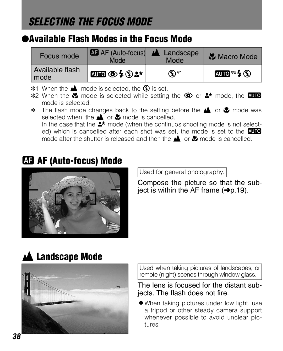 FujiFilm Zoom Date 160ez owner manual Selecting the Focus Mode, Available Flash Modes in the Focus Mode, Available flash 