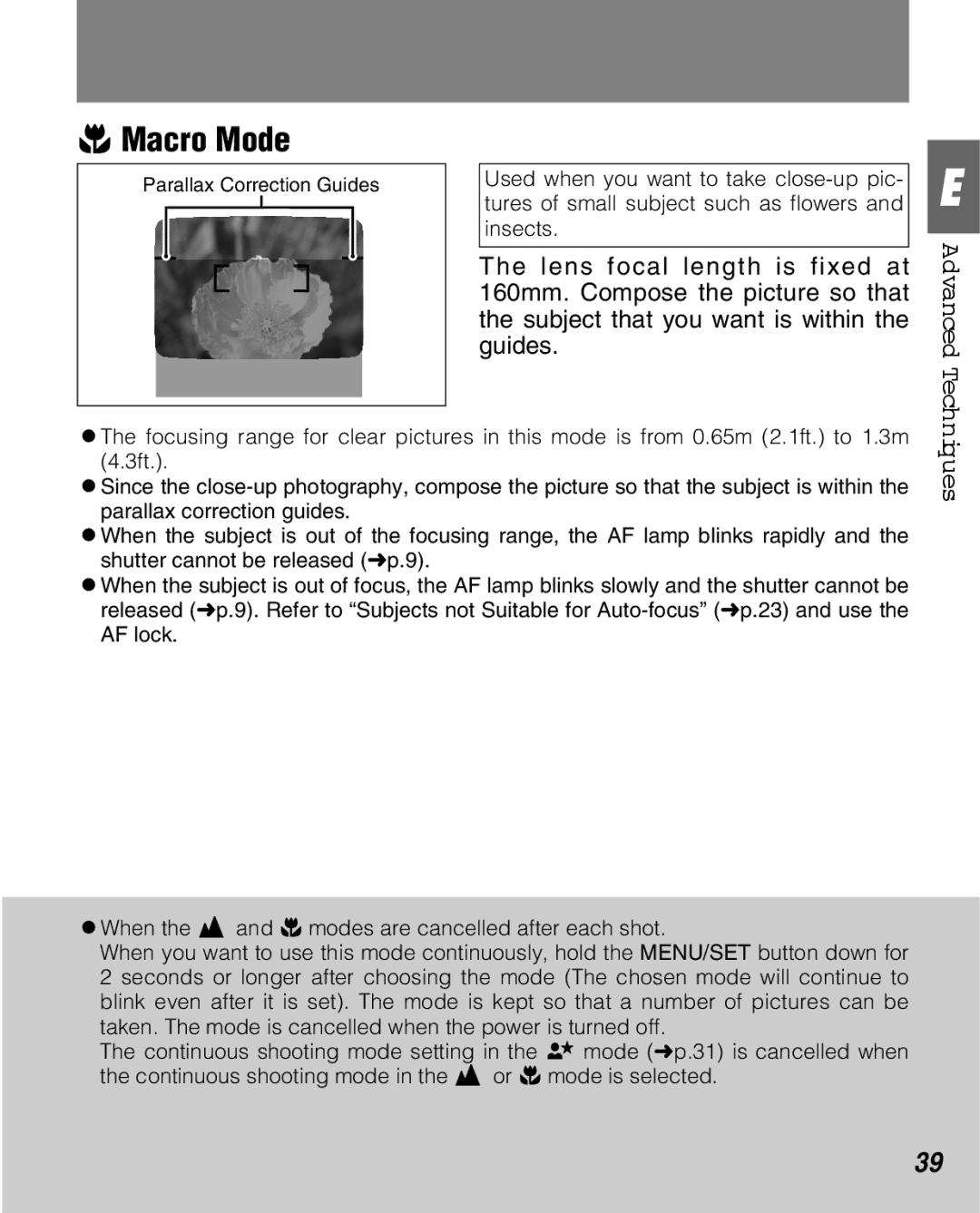 FujiFilm Zoom Date 160ez owner manual Macro Mode, Advanced 