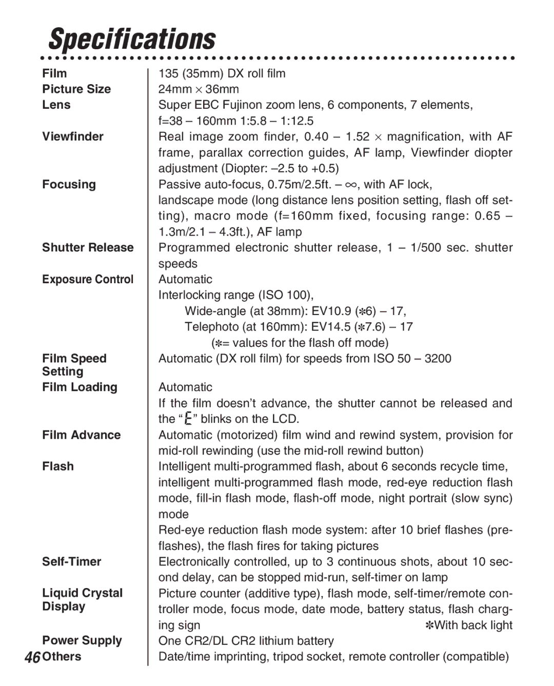 FujiFilm Zoom Date 160ez owner manual Specifications 