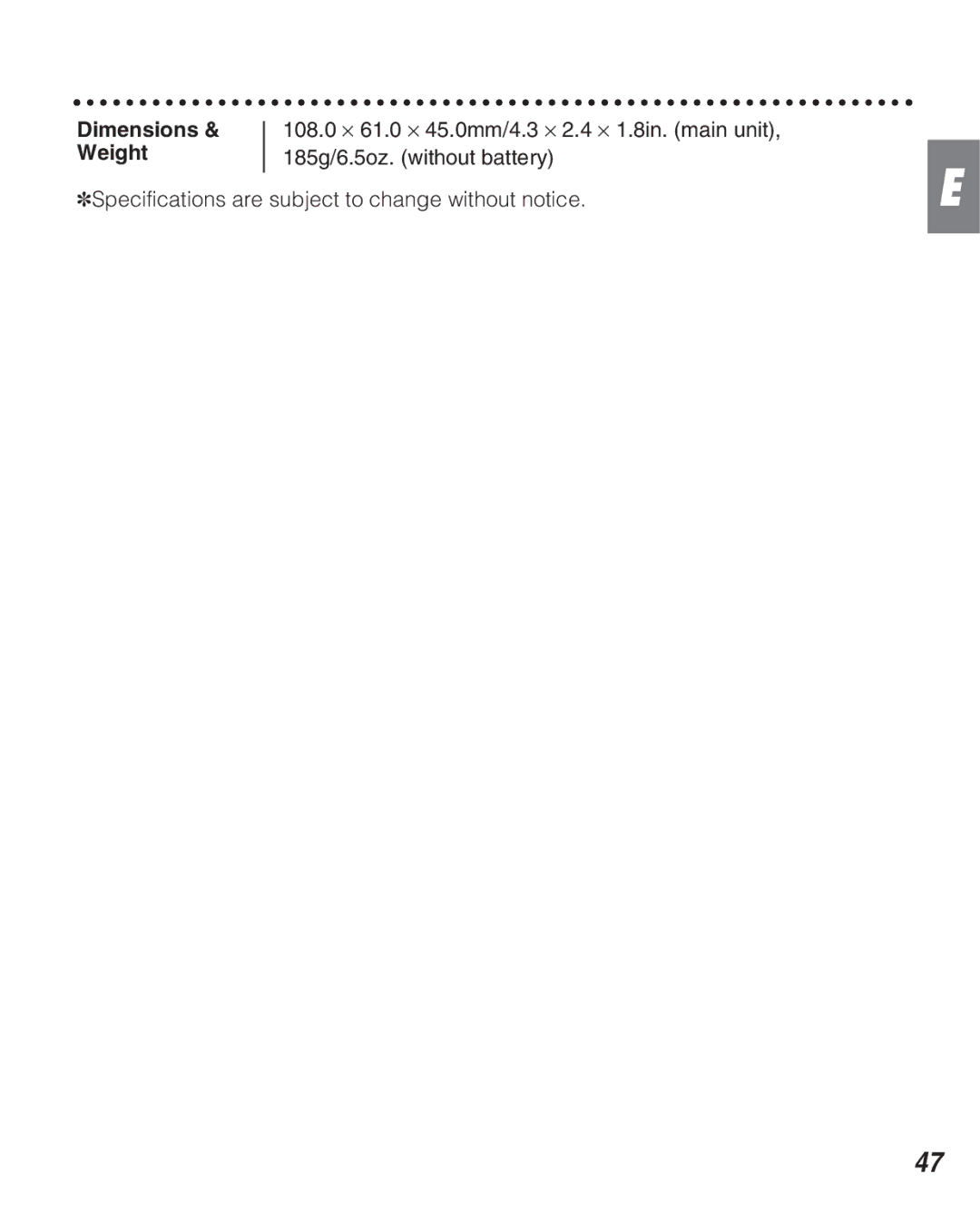 FujiFilm Zoom Date 160ez owner manual Dimensions 