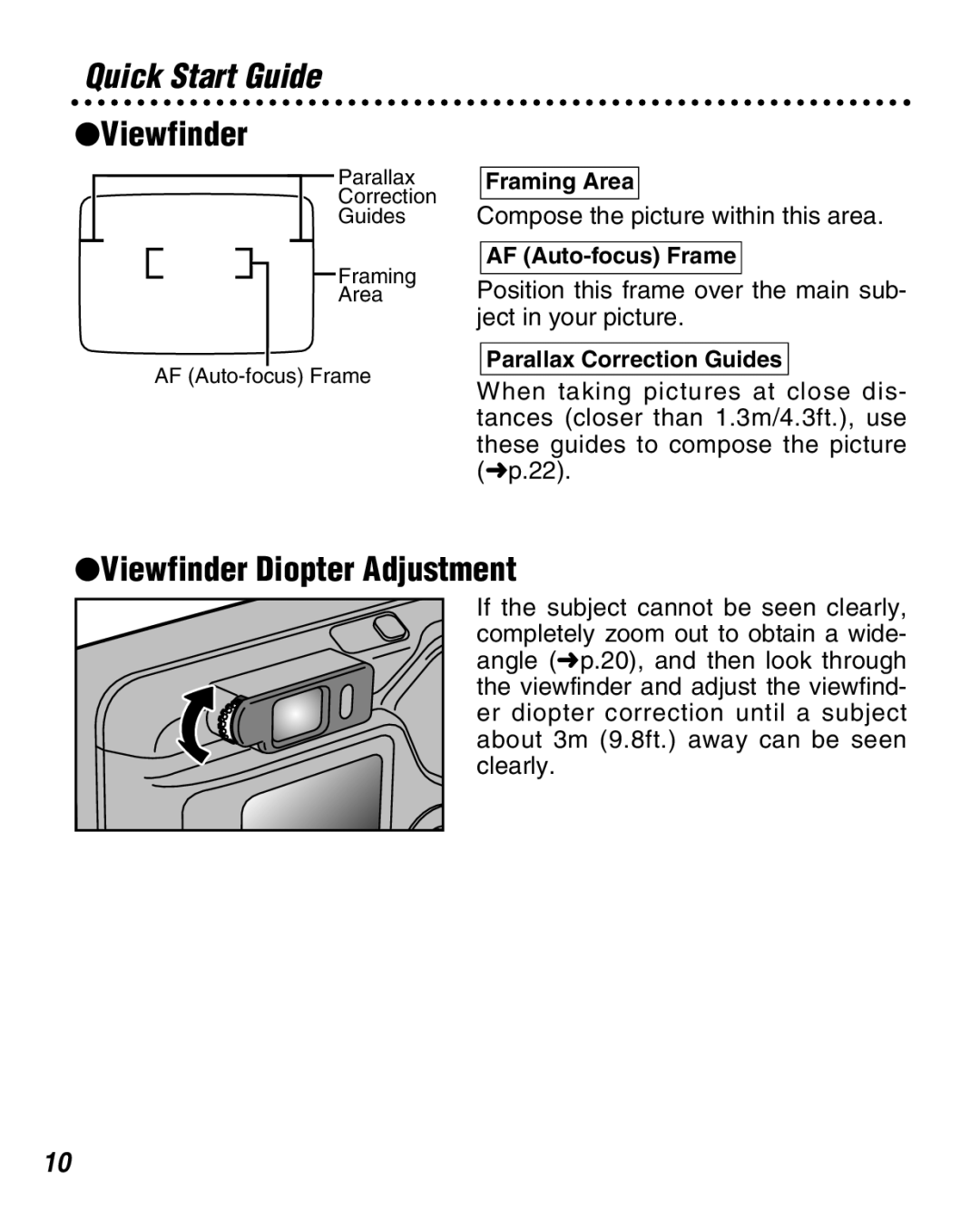 FujiFilm Zoom Date 160ez owner manual Quick Start Guide, Viewfinder Diopter Adjustment 