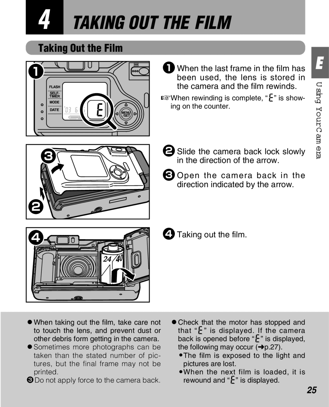 FujiFilm Zoom Date 160ez owner manual Taking Out The Film, Taking Out the Film, U sing YourCam era 