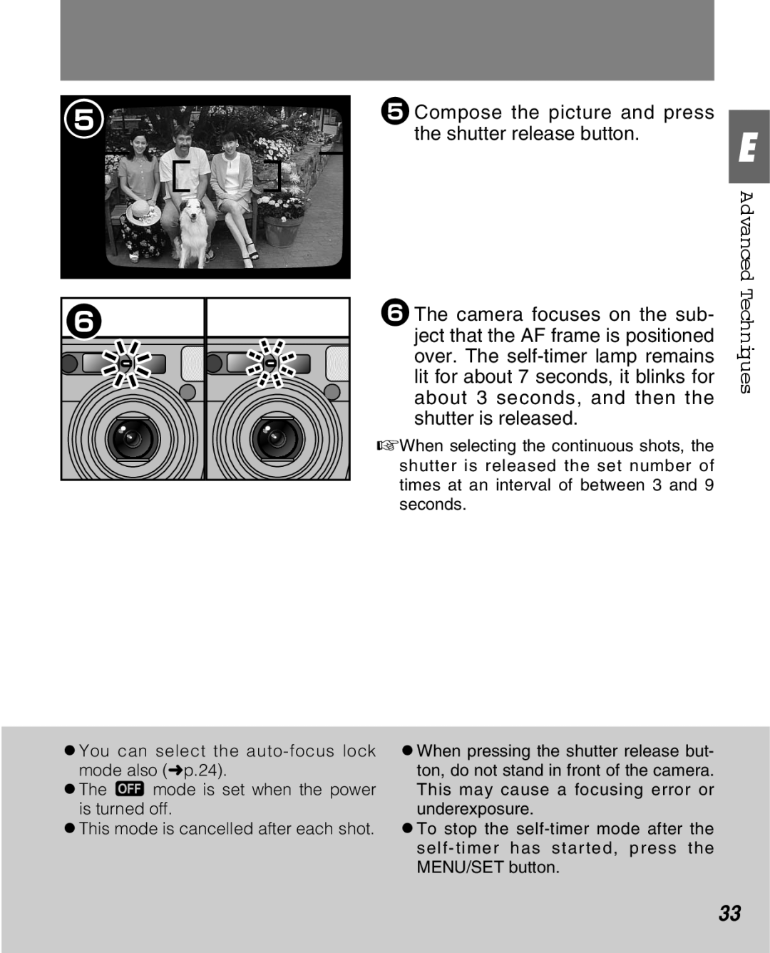 FujiFilm Zoom Date 160ez owner manual Advanced Techniques, 5Compose the picture and press the shutter release button 