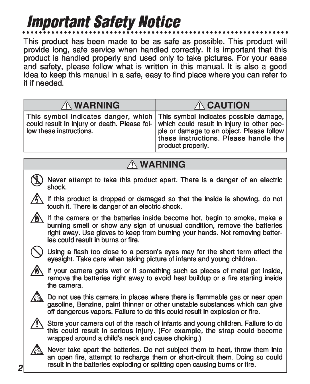 FujiFilm Zoom Date 160ez owner manual Important Safety Notice 