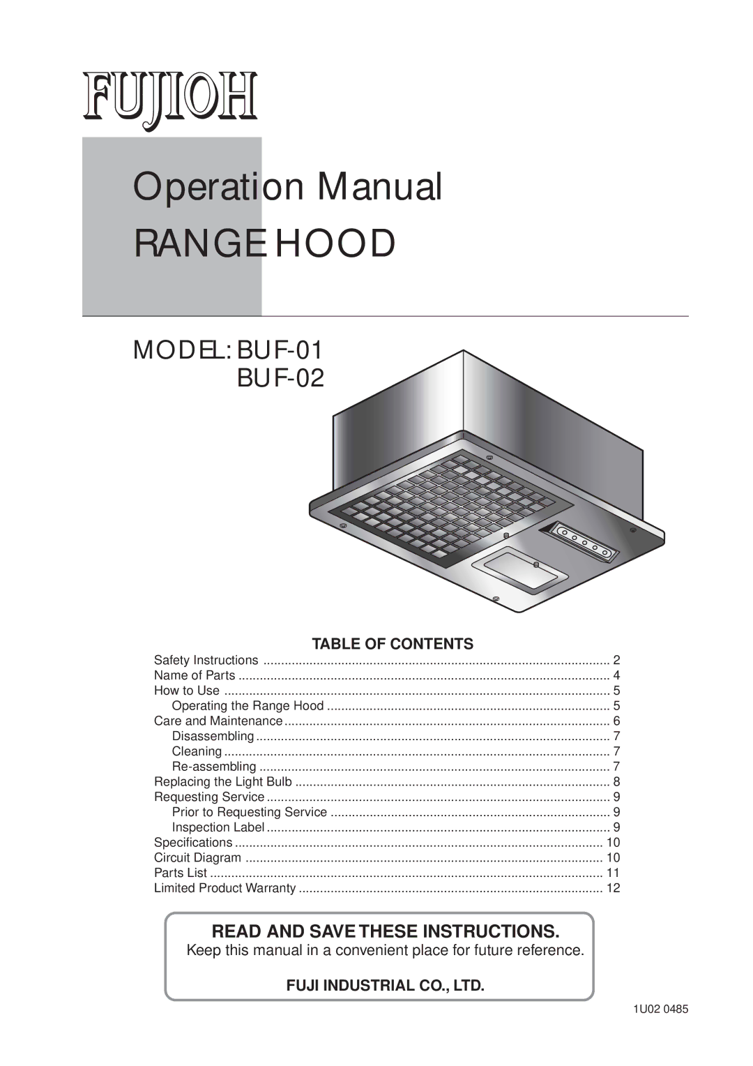 Fujioh BUF-0 operation manual Range Hood 