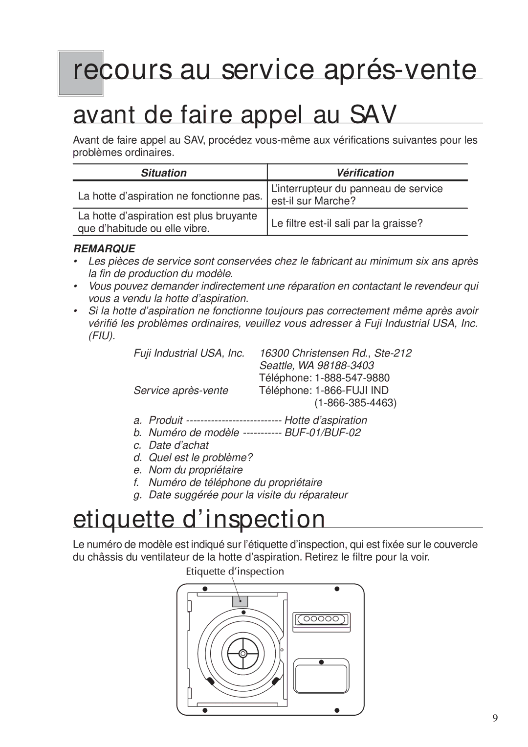 Fujioh BUF-0 operation manual Recours au service aprés-vente, Avant de faire appel au SAV, Etiquette d’inspection 