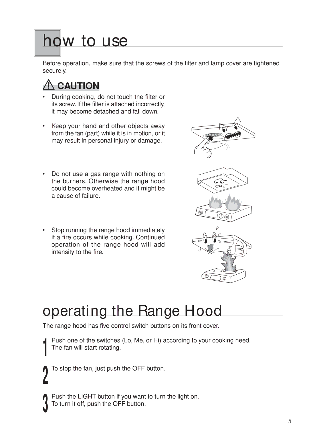 Fujioh BUF-0 operation manual How to use, Operating the Range Hood 