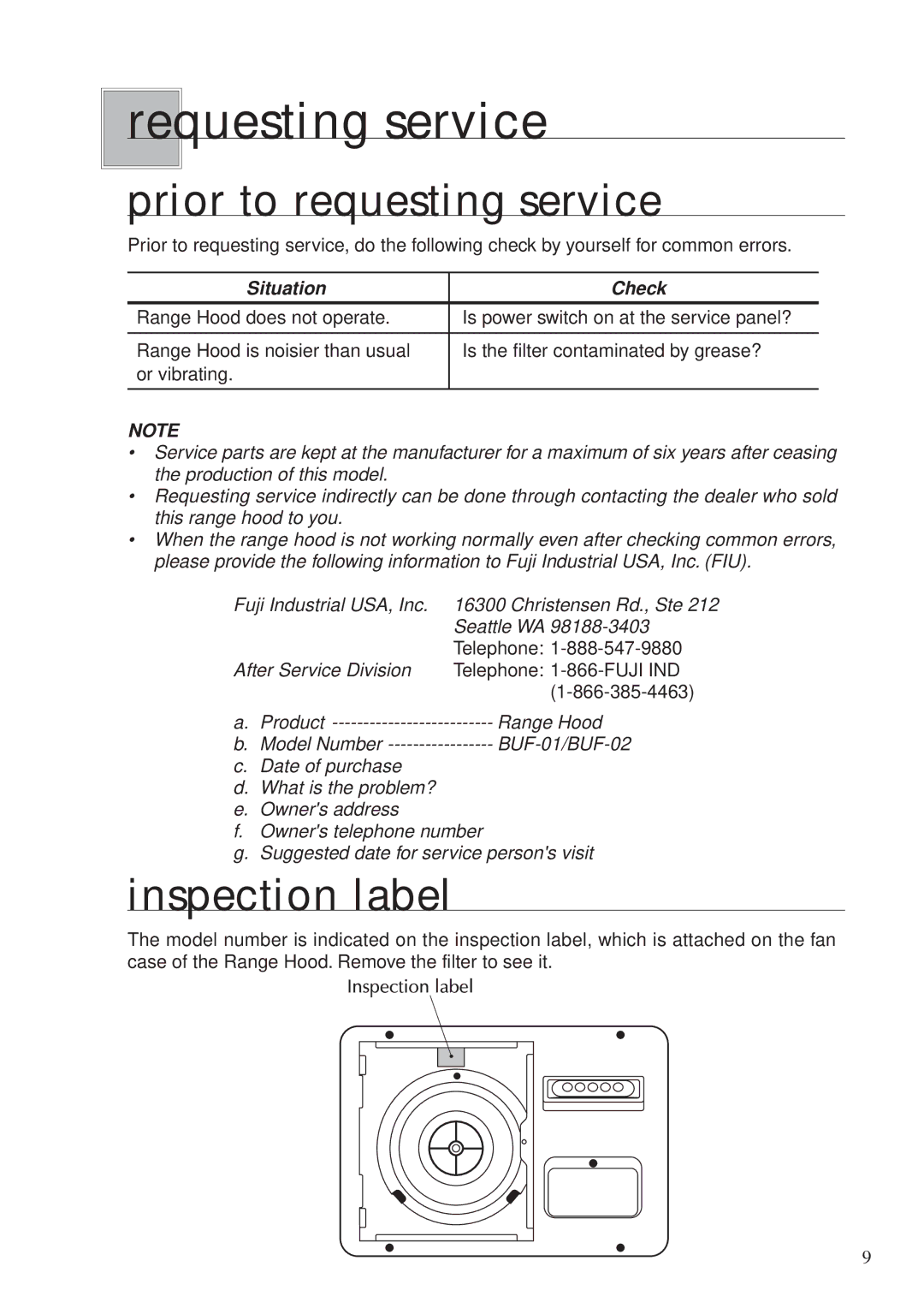 Fujioh BUF-0 operation manual Requesting service, Prior to requesting service, Inspection label 