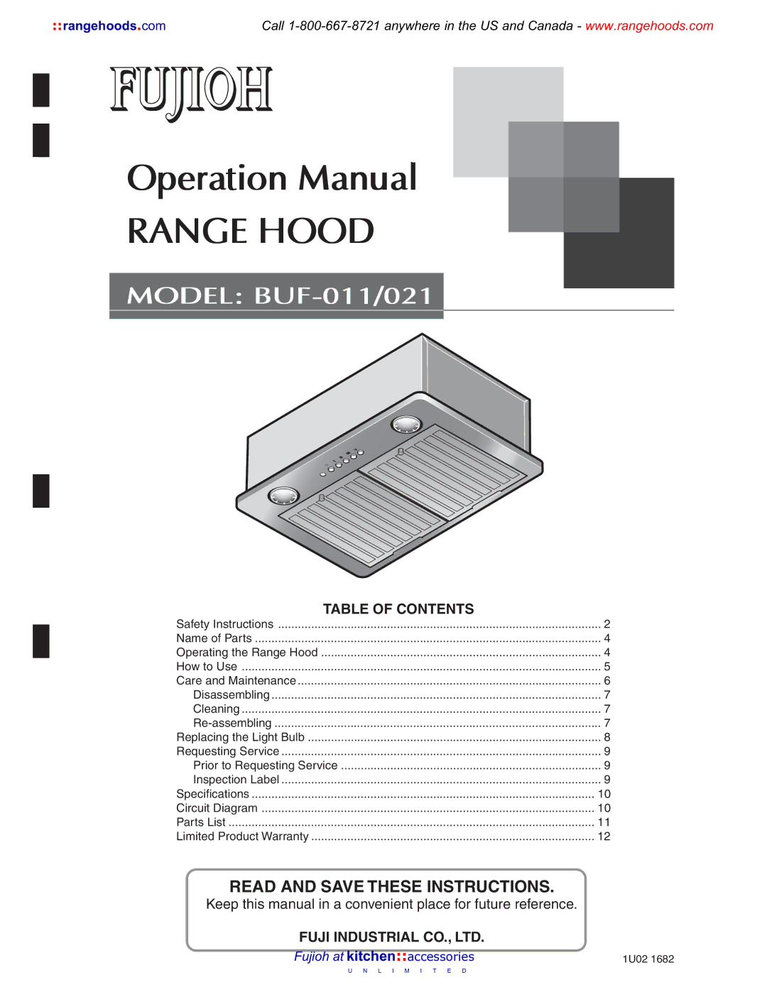 Fujioh 021, BUF-011 operation manual Range Hood 