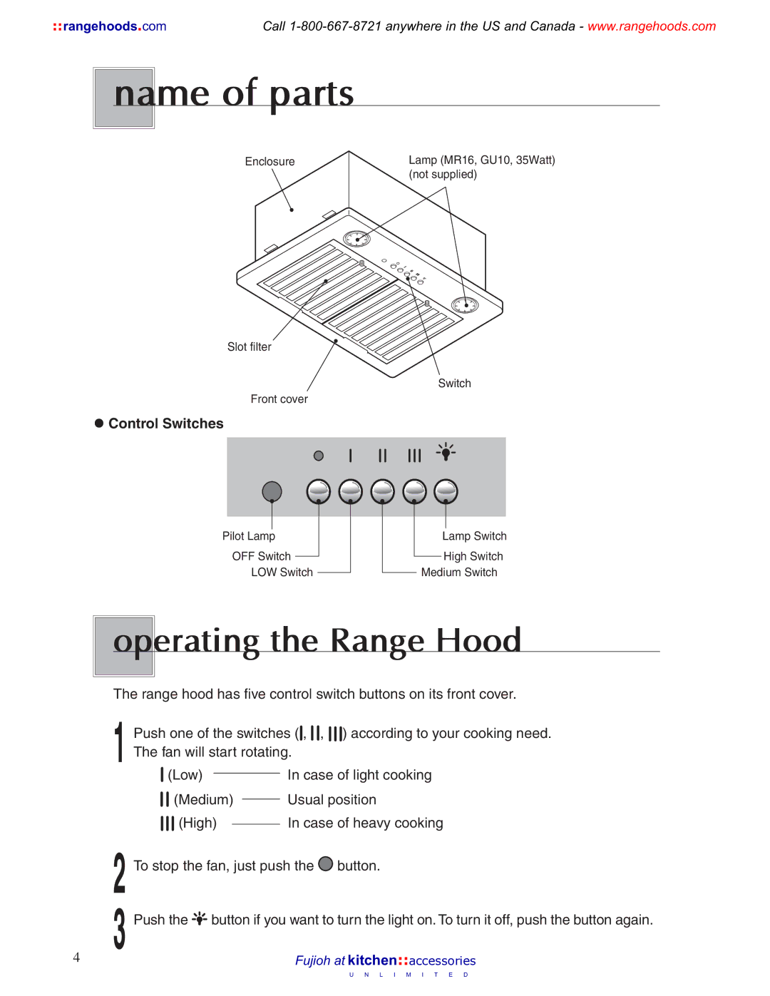 Fujioh BUF-011, 021 operation manual Name of parts, Operating the Range Hood 