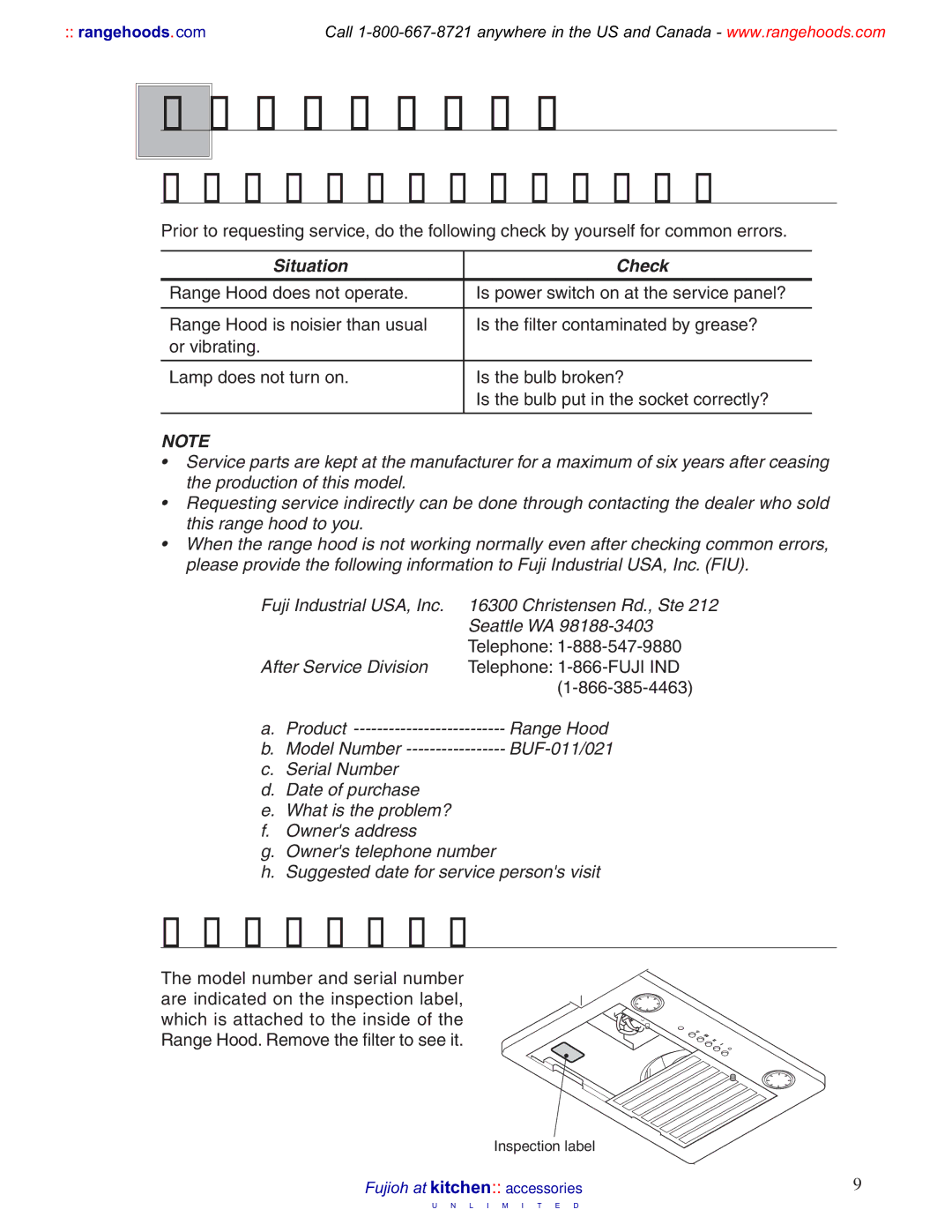 Fujioh 021, BUF-011 operation manual Requesting service, Prior to requesting service, Inspection label 