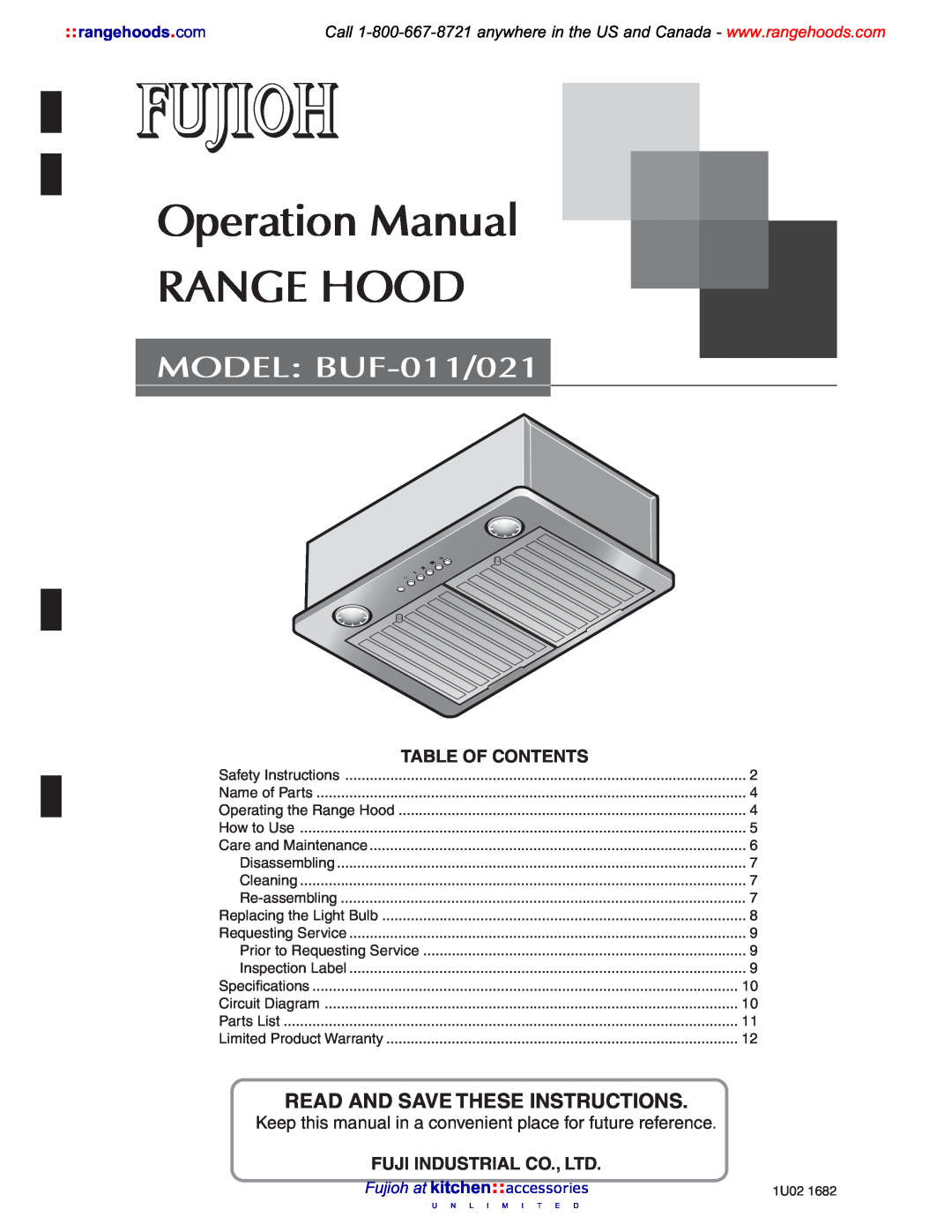 Fujioh operation manual Table Of Contents, MODEL BUF-011/021, Read And Save These Instructions, rangehoods . com 