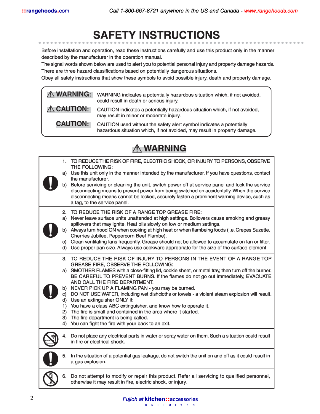 Fujioh BUF-011, 021 operation manual Safety Instructions, rangehoods.com 