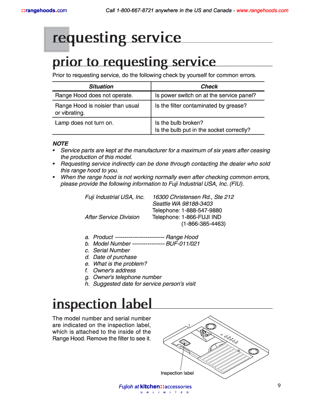 Fujioh 021, BUF-011 operation manual prior to requesting service, inspection label, Situation, Check 