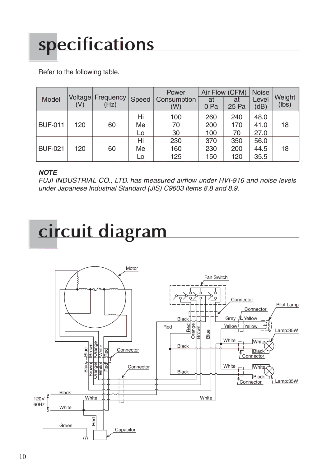 Fujioh BUF-011/021 operation manual Specifications, Circuit diagram 